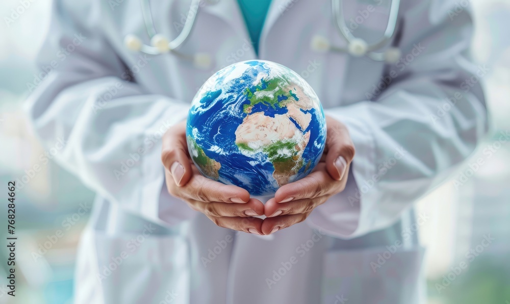 Medical doctor carefully holds the world globe in his hands - obrazy, fototapety, plakaty 