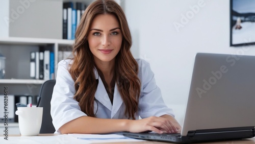Cheerful girl sitting in front of desktop computer