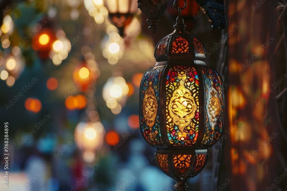 Ornamental Arabic lantern with burning candle glowing in dark. Festive greeting card, invitation for Muslim holy month Ramadan Kareem. High quality photo Ornamental Arabic lantern with burning candle glowing in dark. Festive greeting card, invitation for Muslim holy month Ramadan Kareem. High quality photo
