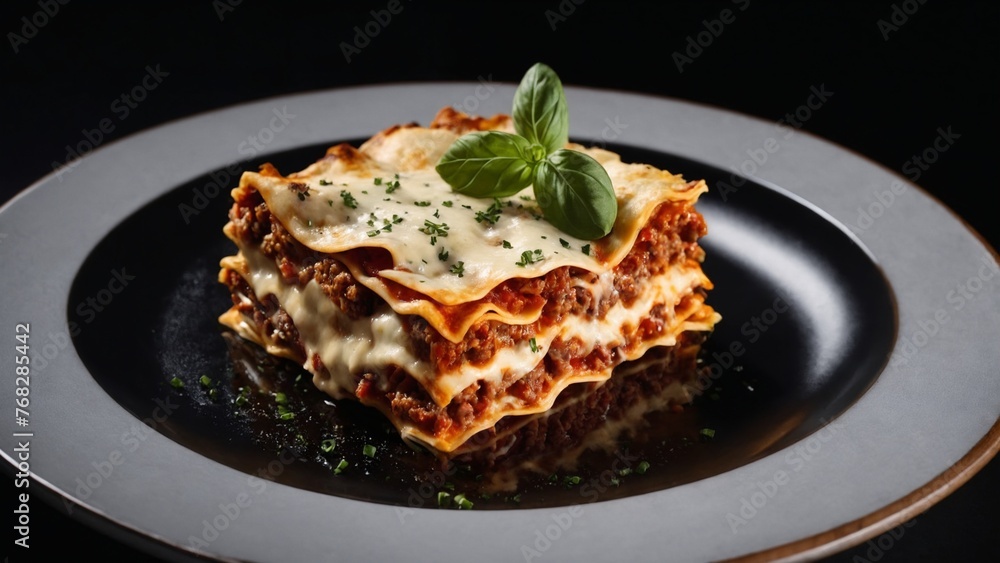 Lasagna on a black plate, hot dinner Lasagna on a black plate, hot dinner