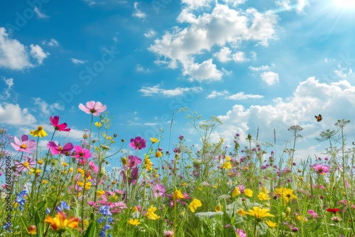 Happy sunny wildflower Bloom meadow field background created with Generative AI Technology