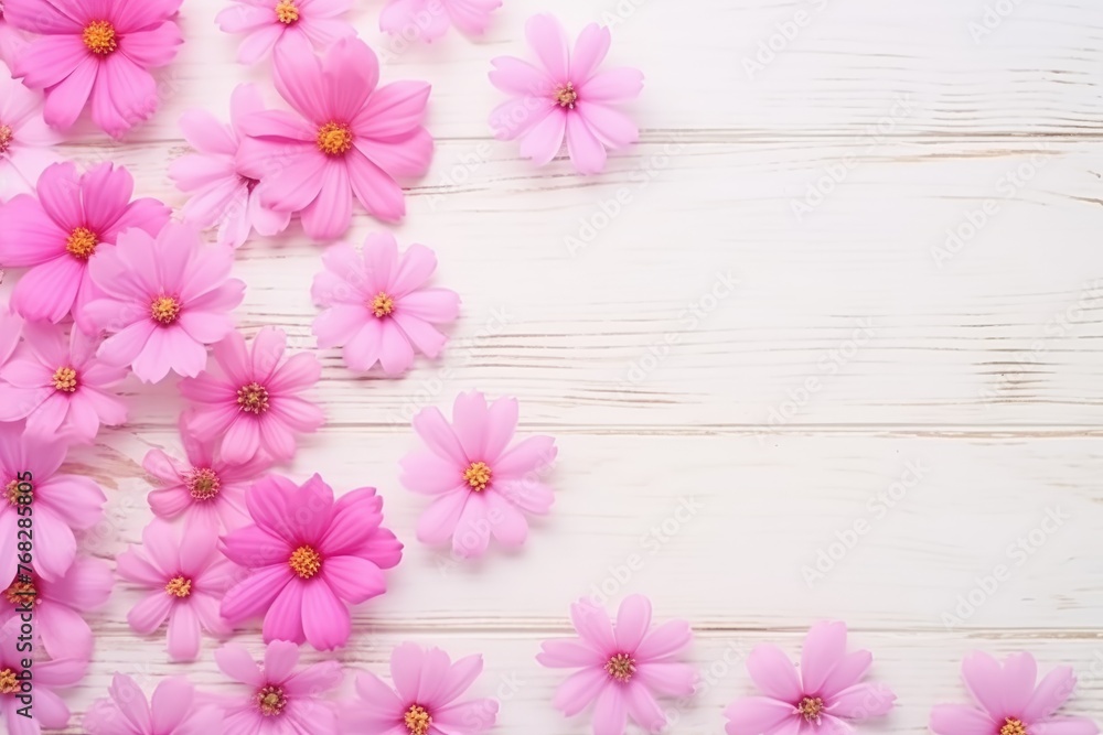 Pink cosmos flowers artistically placed on a white shabby chic wooden background, ideal for gentle spring themes.