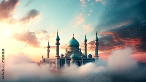 Mosque scene in cloudy heaven, animated virtual repeating seamless 4k	
 photo