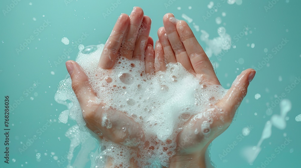 On a light blue background, hands are bathed in soap foam On a light blue background, hands are bathed in soap foam