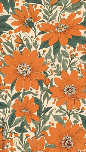 Seamless orange flower pattern earthy color 