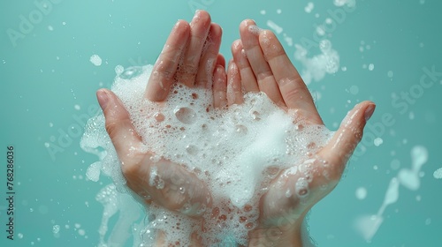 On a light blue background, hands are bathed in soap foam