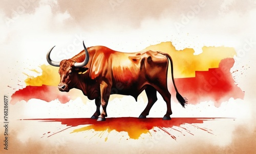 Symbol associated with the country Spain. Powerful bull  symbol of Spain  stands defiantly in the arena  its horns gleaming in the afternoon sun. Represents passion  courage  and unwavering spirit.