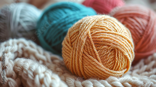 An intimate close-up of soft yarn balls placed on a knitted background, capturing the essence of homely craft photo