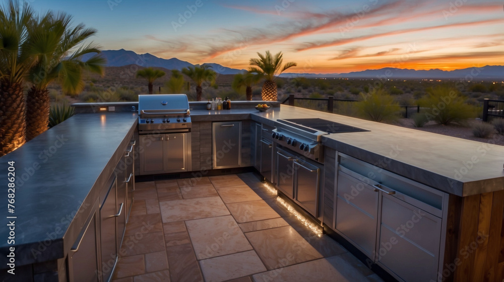 Fototapeta premium Custom outdoor kitchen at dusk