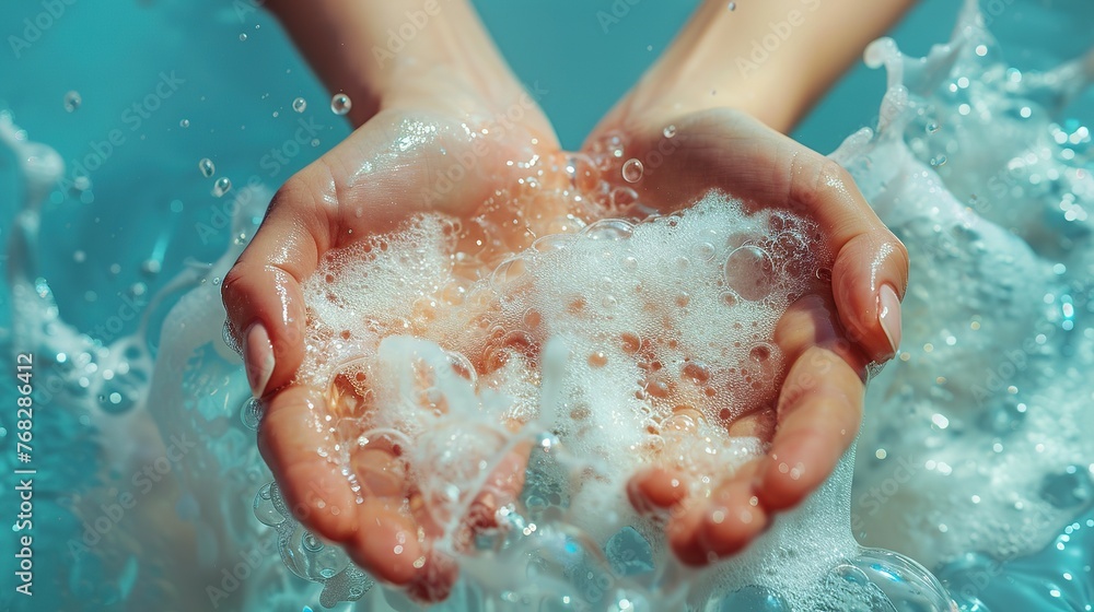 Fototapeta premium On a light blue background, hands are bathed in soap foam
