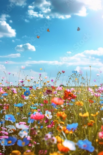 Happy sunny wildflower Bloom meadow field background created with Generative AI Technology