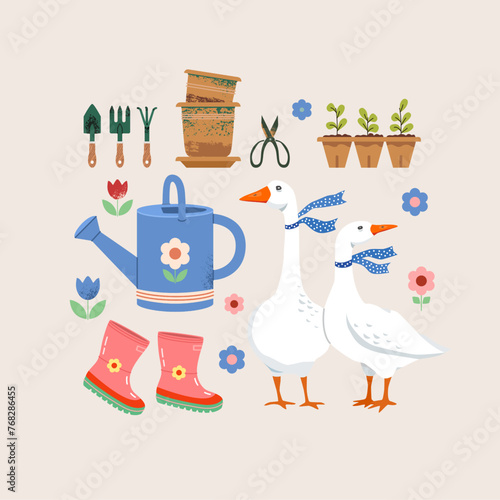 Set of garden elements: watering can for watering plants, women's and children's rubber boots, gardening tools, flower pots. Cute vector illustration of geese with polka dot ribbons around neck.
