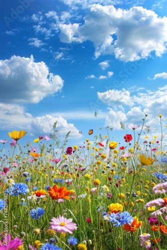 Happy sunny wildflower Bloom meadow field background created with Generative AI Technology