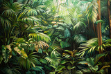 Lush jungle artwork, rich in green and brown, depicting nature's untamed beauty.