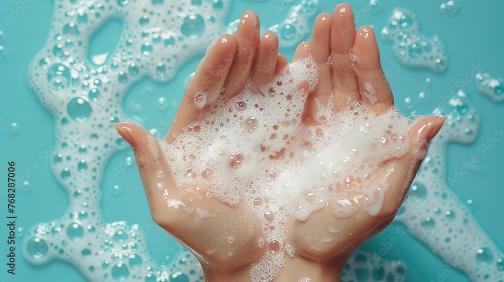 On a light blue background, hands are bathed in soap foam On a light blue background, hands are bathed in soap foam