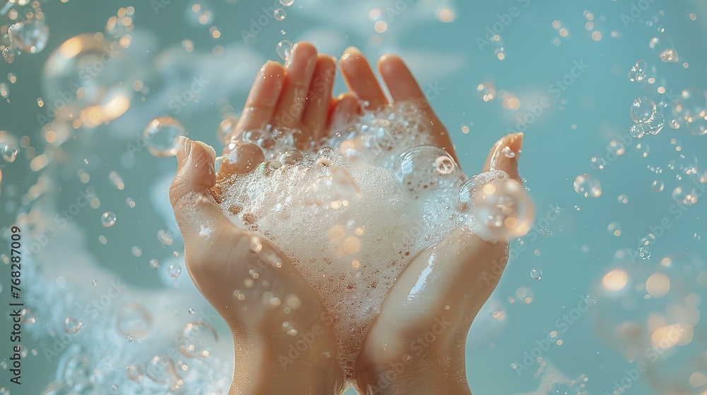 Fototapeta premium On a light blue background, hands are bathed in soap foam