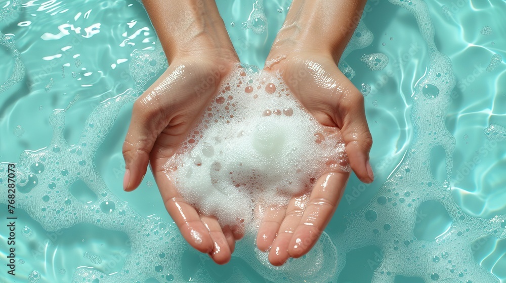 On a light blue background, hands are bathed in soap foam On a light blue background, hands are bathed in soap foam
