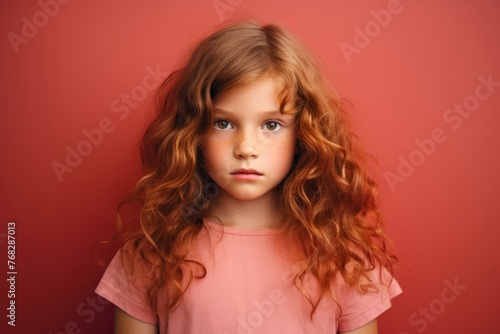 Portrait of a little girl with long curly hair on a red background.