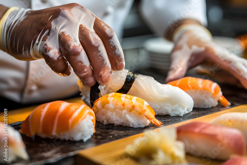 a sushi chef's hands skillfully rolling rice and fish into delicate morsels of nigiri and maki, their deft movements a culinary ballet of precision and technique