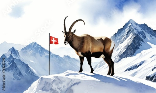 Symbol associated with the country Switzerland - watercolor illustration. A majestic Alpine ibex, a symbol of Switzerland's strength and resilience, stands defiantly on a snow-capped mountain peak.