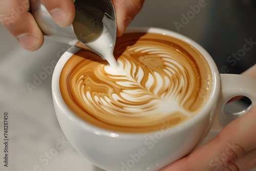 a barista's hands expertly crafting intricate latte art, their precise movements transforming steamed milk into delicate designs atop espresso