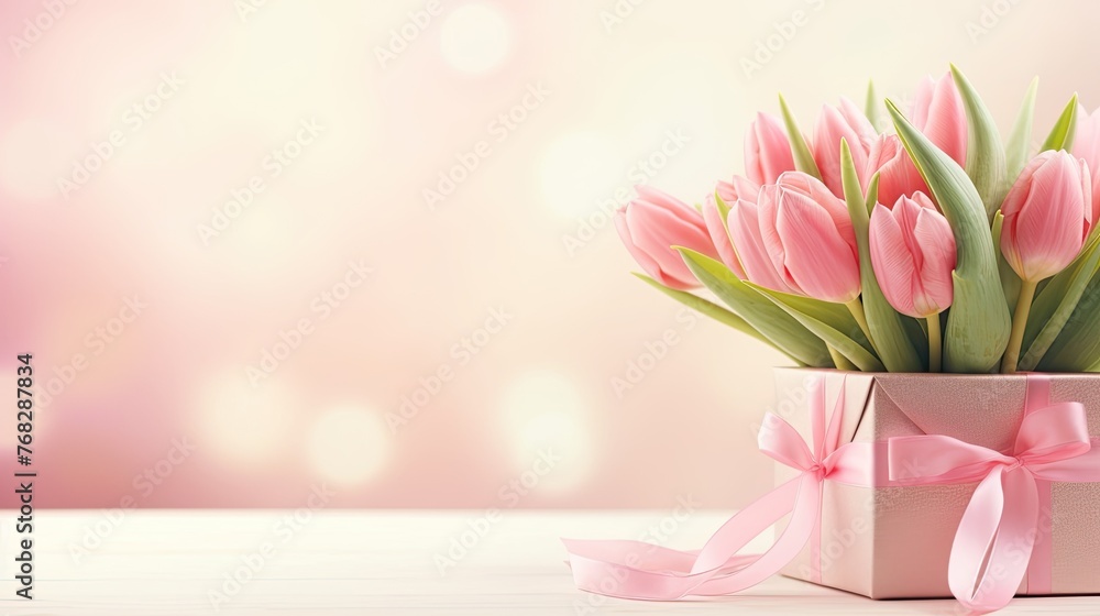 gift box filled with pink tulips on table, feminine empowerment and international womens day gift box filled with pink tulips on table, feminine empowerment and international womens day