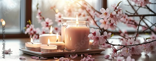 Scented candles and pale pink cherry blossom on table, window in background.