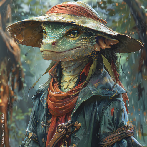 A captivating illustration of a lizard character decked in adventurer gear, gazing curiously, set against a lush, rain-drenched forest backdrop