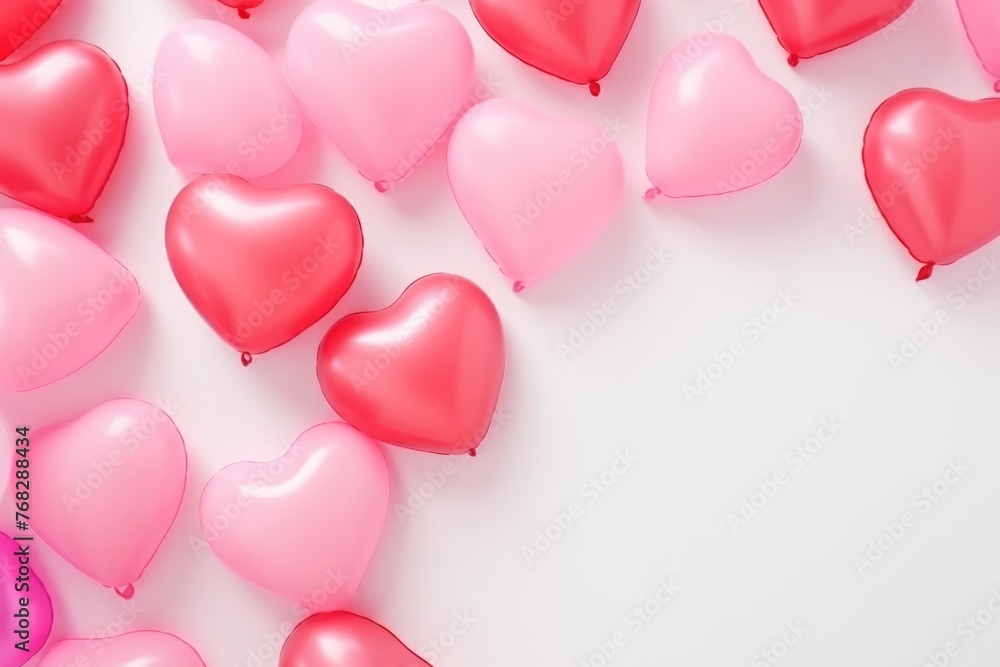 Various shades of pink heart-shaped balloons floating against a white background, symbolizing love and celebration.