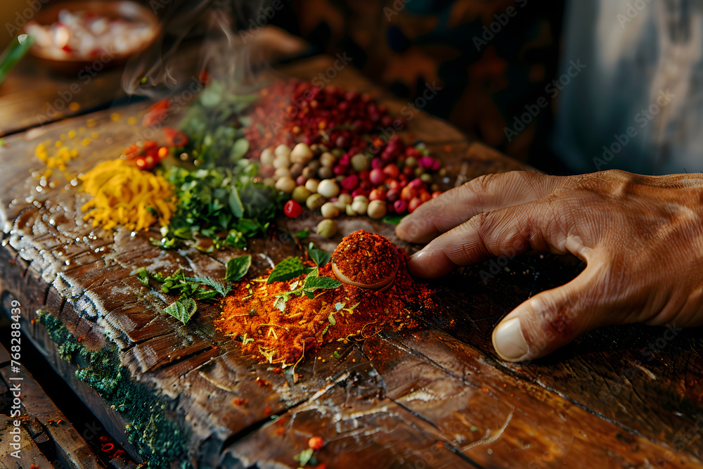 a hand carefully arranging colorful spices and herbs on a wooden cutting board
