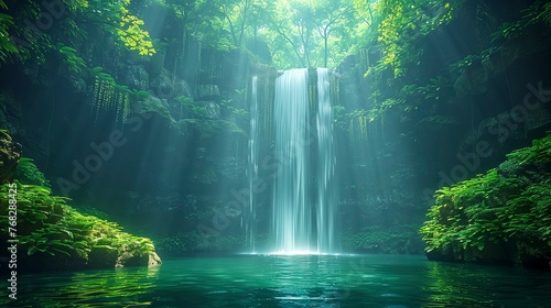 Magnificent waterfall cascading in the heart of a lush green forest, surrounded by towering trees and a serene atmosphere.
