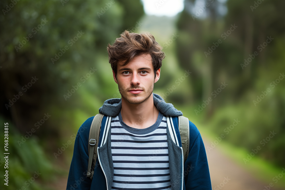 Casual young explorer with backpack in lush green woods, serene adventure and youth travel concept. Casual young explorer with backpack in lush green woods, serene adventure and youth travel concept.