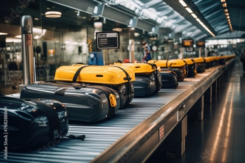 Row of luggage on airport conveyor belt © Baba Images