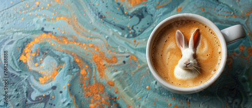 A refreshing white cup of coffee with adorable rabbit foam art on a swirling turquoise and orange backdrop
