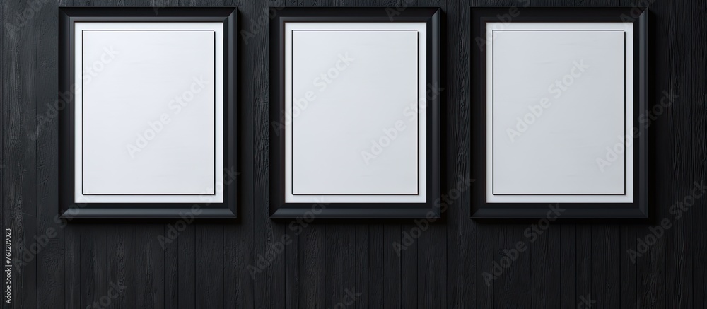 Three black picture frames hanging on a dark wall, creating a minimalist display in a modern interior Three black picture frames hanging on a dark wall, creating a minimalist display in a modern interior