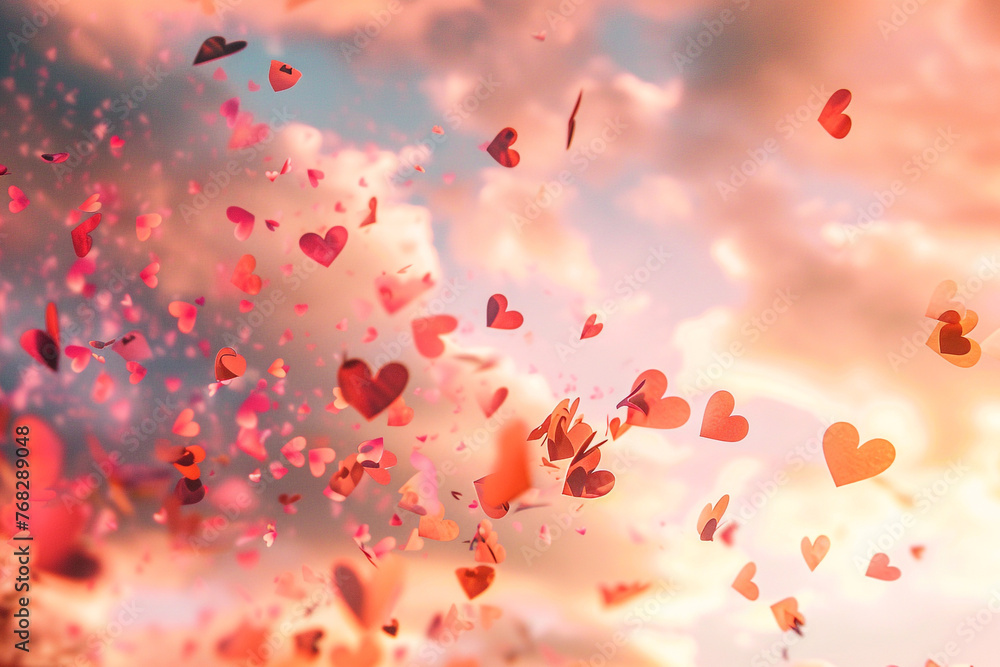 Paper hearts cascading through a pink sky, evoking Valentine's Day romance.