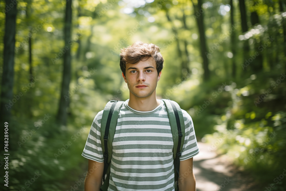 Young man with backpack walking in sunlit forest, concept of wanderlust and adventure in nature.
