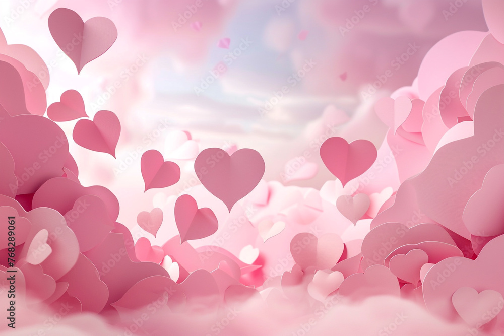 Paper hearts descending through pink Valentine's Day sky in 3D illustration, framed with ample copyspace.