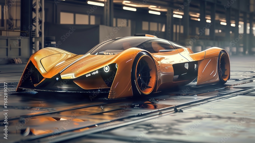 Futuristic orange sports car. 3D rendering - obrazy, fototapety, plakaty 