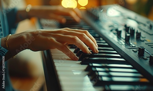 A cute girl playing a melody from her keyboard