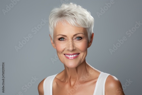 Portrait of a beautiful senior woman with white hair  over grey background