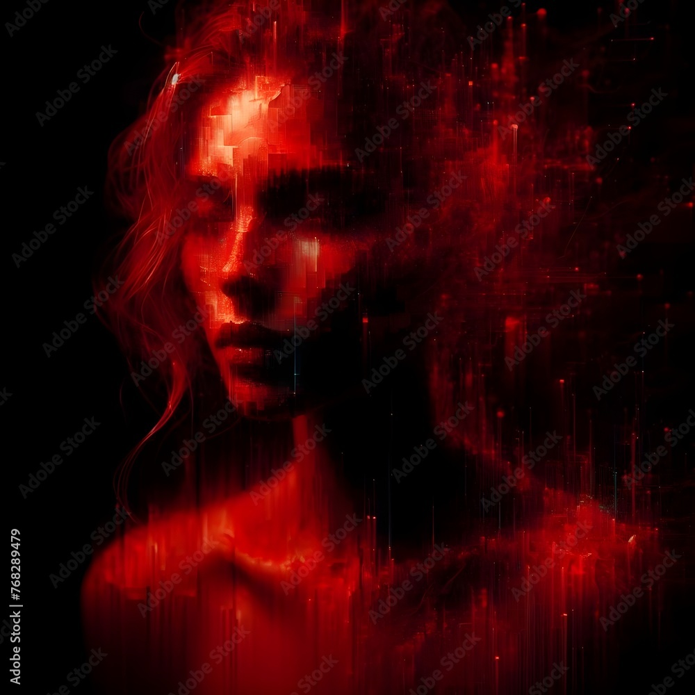 Abstract red portrait on a black background.
