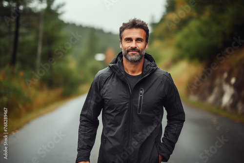 Smiling bearded man in a black jacket on a forest road, adventure and exploration, casual outdoor lifestyle.