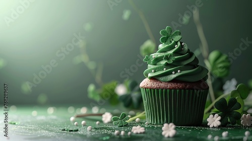 St. Patrick's day cupcake on green background. Copy space for add text. photo