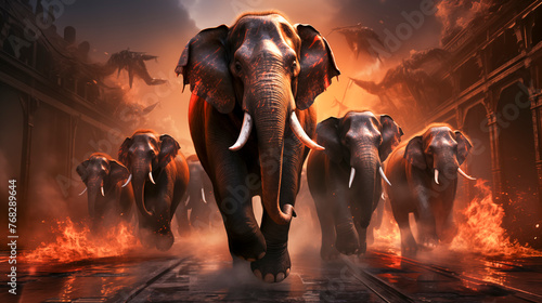 Herd of elephants advances undeterred through a fiery landscape, suggesting a scene from a fantasy epic or a representation of strength and survival against all odds. photo