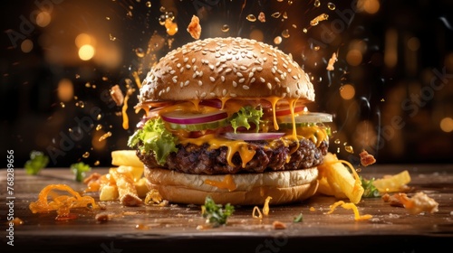 burger floating in the air, cinematic, food professional photography, studio lighting, modern restaurant background, michellin star, splash fire - generative ai photo