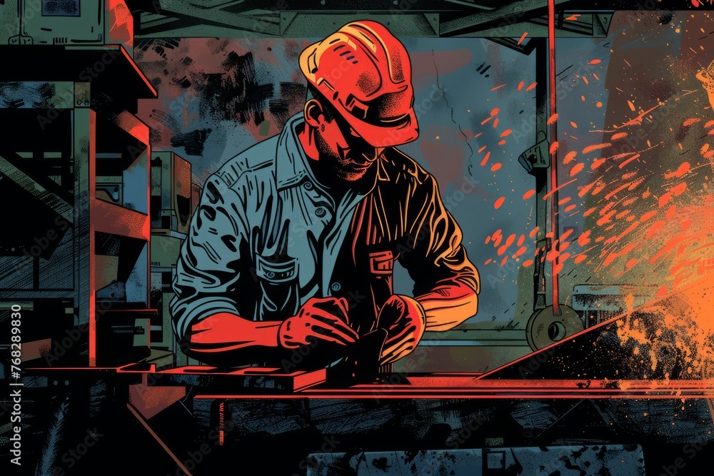 A skilled man is seen meticulously working on a piece of metal, shaping it into a decorative sculpture. Sparks fly as he utilizes various tools to enhance the metals form