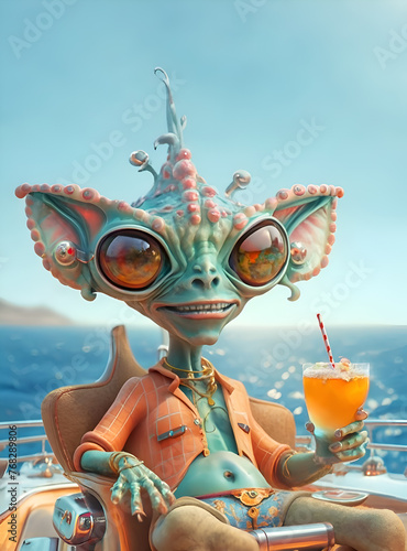 funny cutest male alien with huge eyes drinking cocktail on his marine trip. close up. Digital artwork.  Ai generated