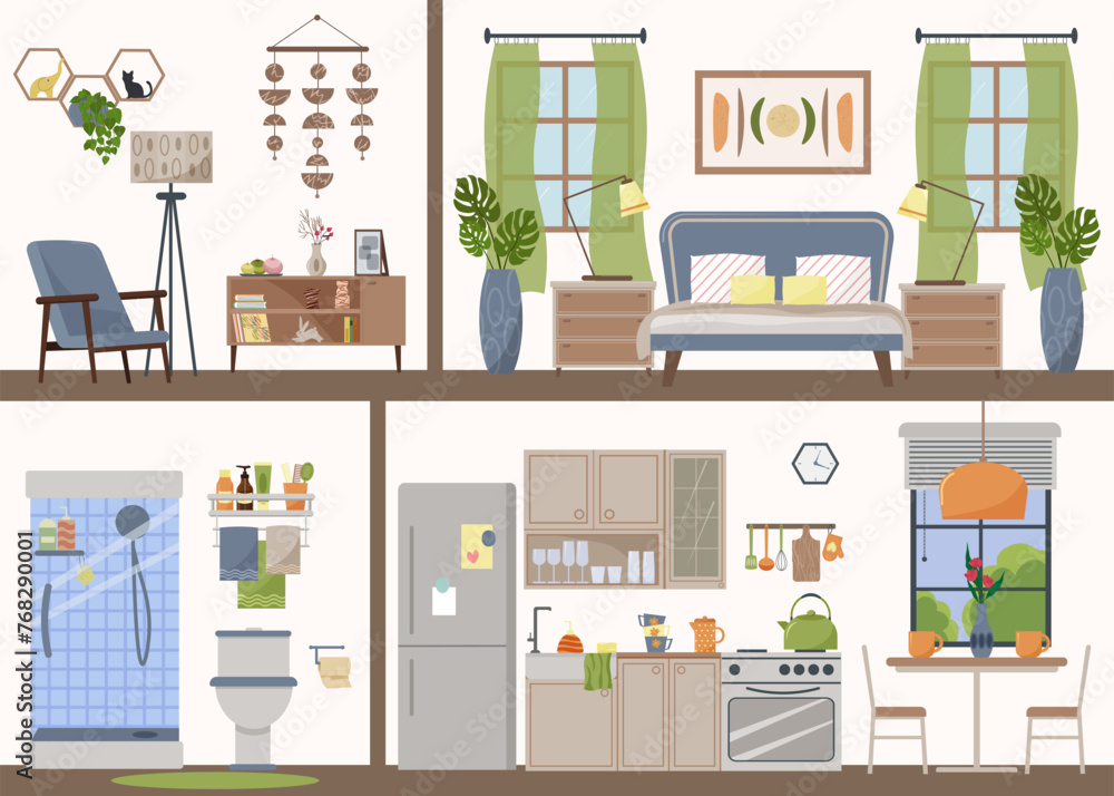 Obraz premium Furnished rooms. Detailed plan of the apartment inside. Furniture and household items. Bathroom with shower and toilet. Bedroom with bed and windows. Relaxation area with armchair and floor stand