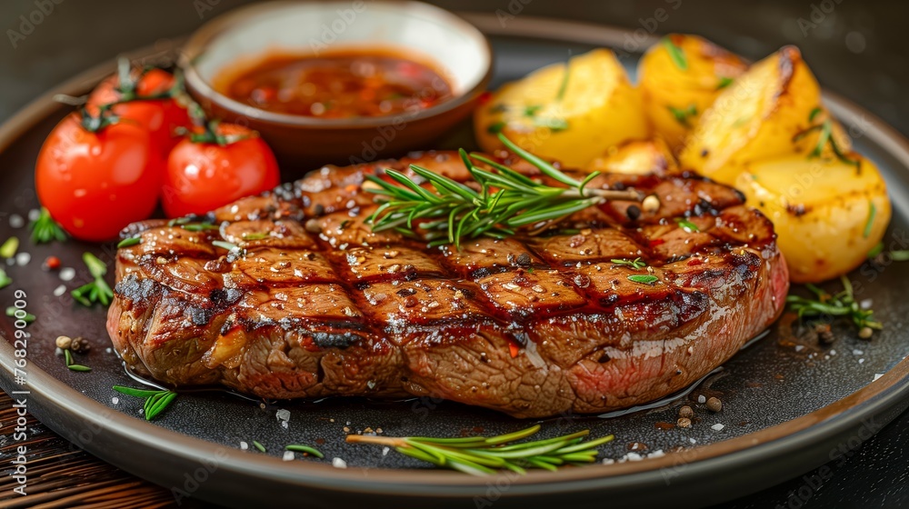 Plate of steak and potatoes with a sauce on the side. The steak is cooked medium rare and is accompanied by a side of roasted potatoes. The plate is set on a black table